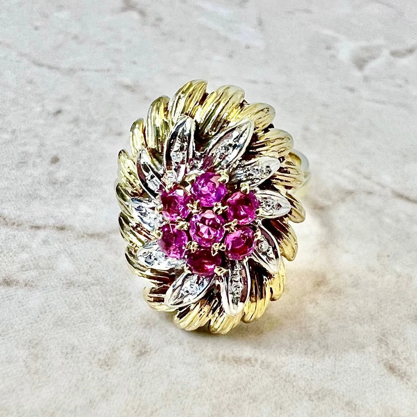 Vintage Italian 18 Karat Two-Tone Gold Ruby & Diamond Cocktail Ring