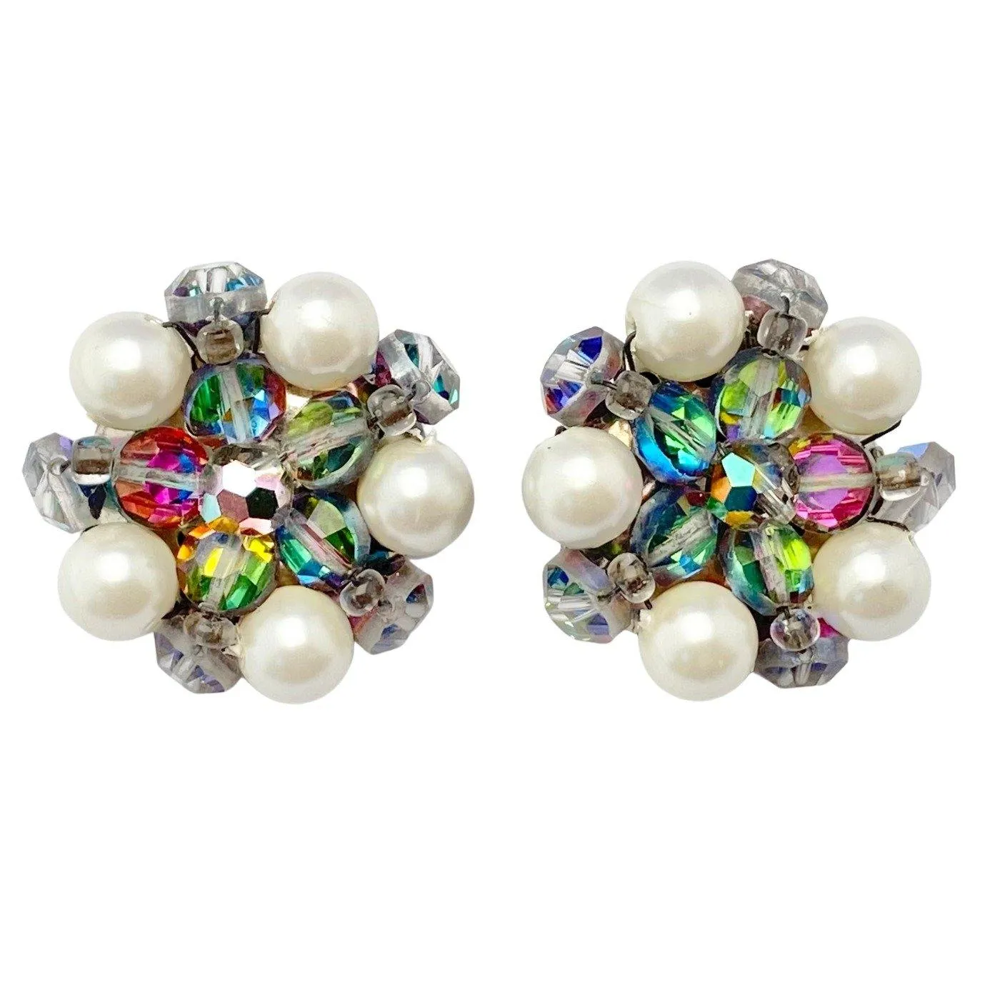 Vintage Laguna Pearl and Smoke Aurora Borealis Cluster Earrings