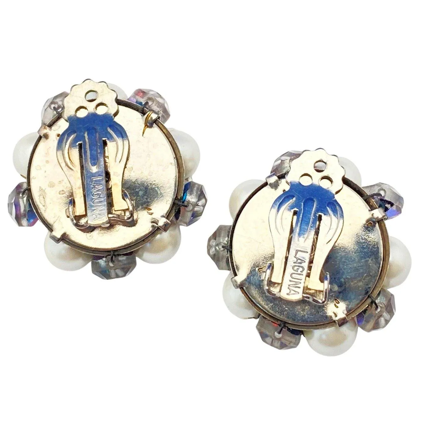 Vintage Laguna Pearl and Smoke Aurora Borealis Cluster Earrings