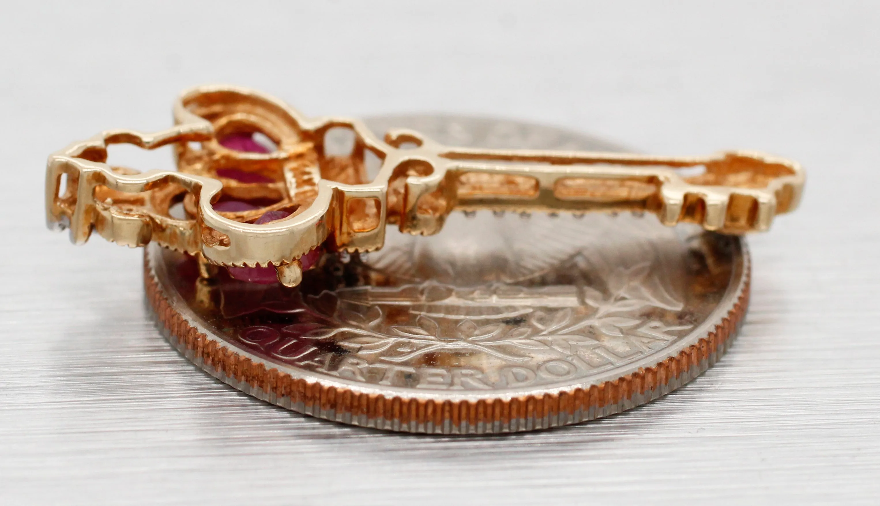 Vintage Red Ruby Crown & Diamond Key Pendant Charm - 14k Yellow Gold