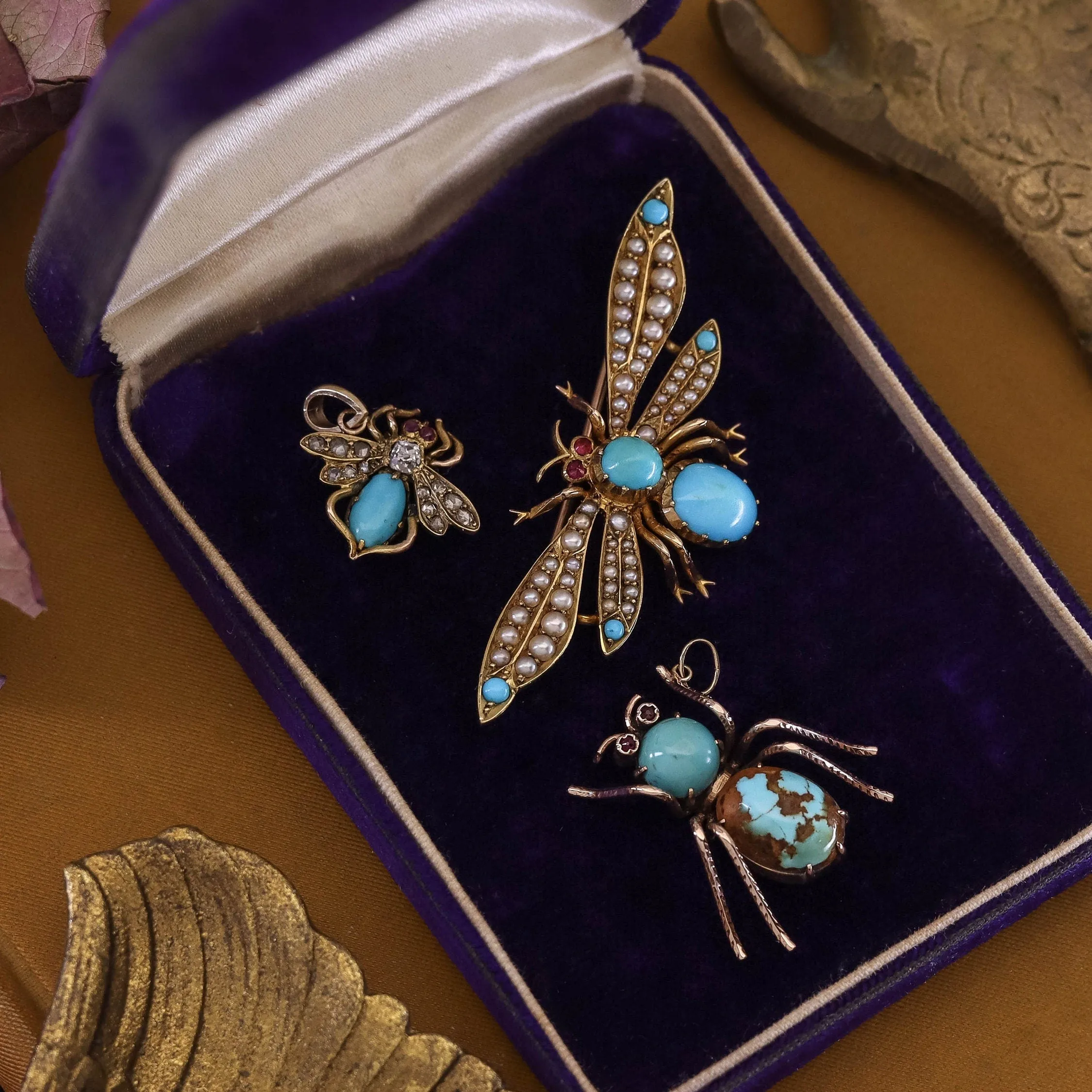 Vintage Turquoise Insect Conversion Pendant of 14k Gold