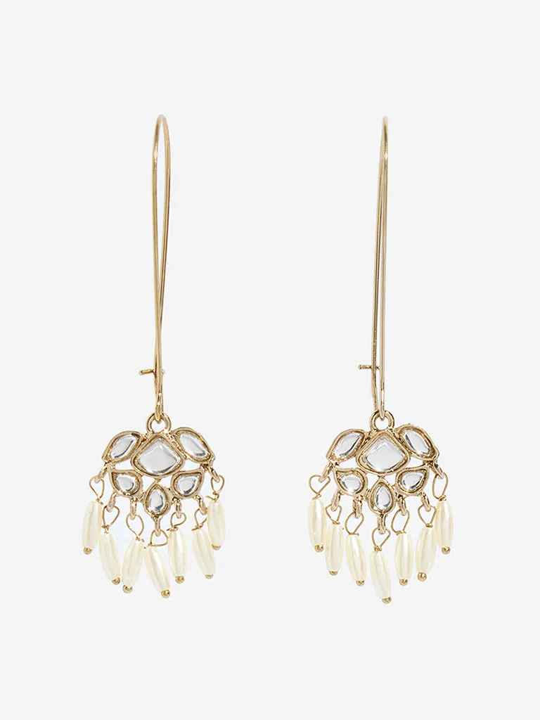 Westside Accessories Gold Rice Pearl Long Fish Hook Earrings