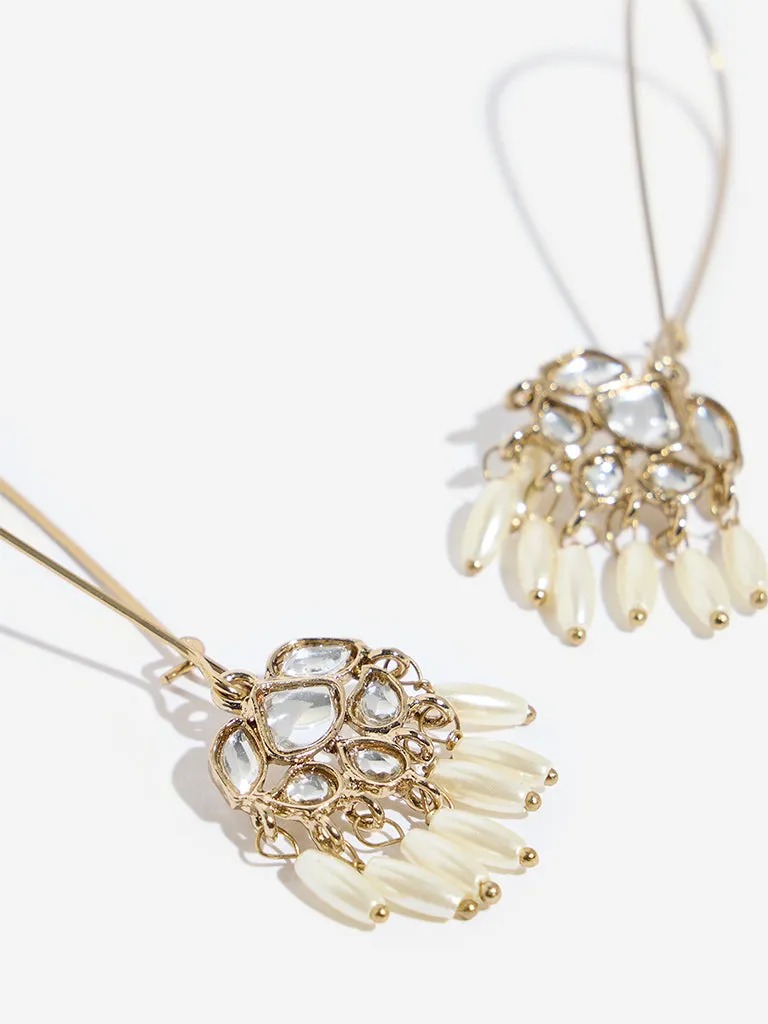 Westside Accessories Gold Rice Pearl Long Fish Hook Earrings