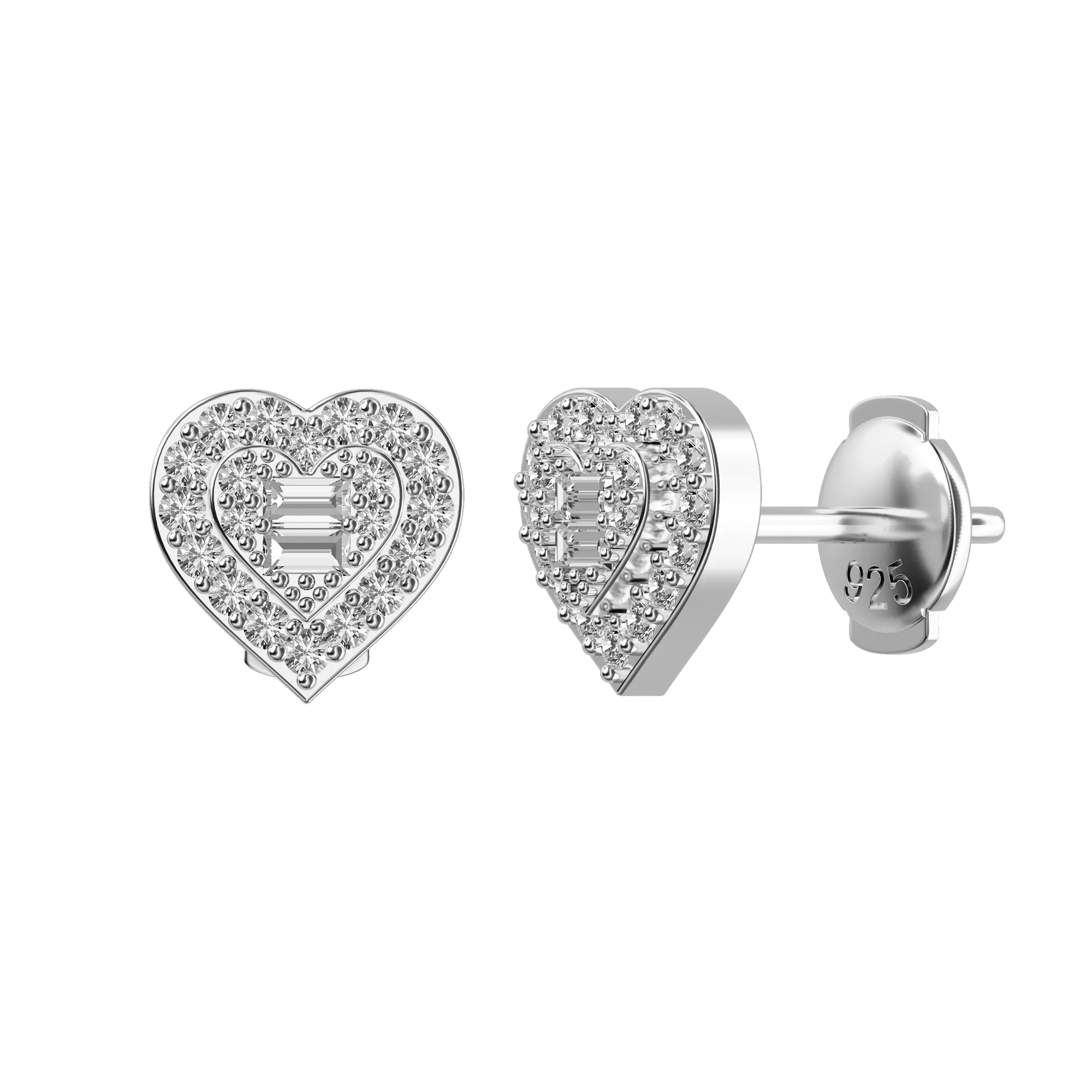 Women's Heart Baguette Mix Halo Stud Earrings - Pair